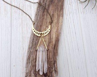 Clear Quartz Crystal Necklace Nature Inspired Jewelry Moon Phase Jewelry Modern Boho Necklace Raw Quartz Necklace Boho Layering Necklace