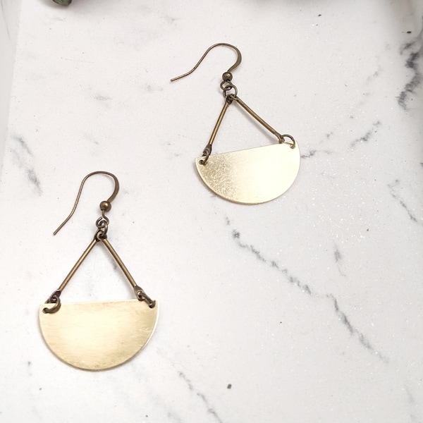 Brass Half Moon Earrings: Modern Geometric Dangle Earrings