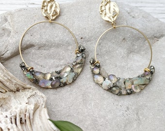 Raw Opal Pyrite Hoop Earrings – Gold Boho Crystal Jewelry, October Birthstone