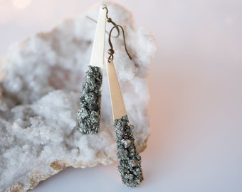 Statement Earrings Triangle Earrings Pyrite Earrings Brass Earrings Raw Pyrite Earrings Christmas Gift for Women Holiday Jewelry Boho Chic