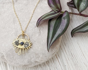 Gold Evil Eye Necklace: Pyrite & Bornite Boho Pendant