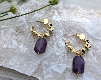 Amethyst Dangle Earrings Gold Hoops as Seen on Netflix's Sweet Magnolias