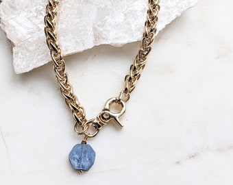 Gold Chunky Wheat Chain Necklace: Blue Kyanite Pendant, 16 Inch
