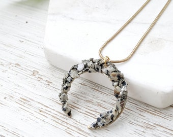Dalmatian Jasper Necklace: Raw Stone Boho Crescent Pendant