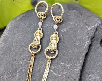 Gold Long Gemstone Dangle Earrings, Statement Bridal Drop Earrings