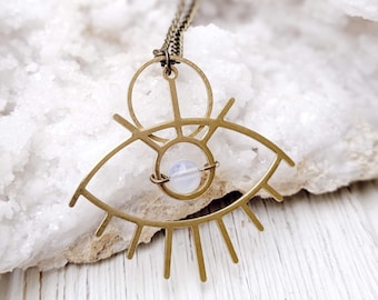 Boho Moonstone Necklace Evil Eye Pendant Necklace Protection Pendant White Moonstone Necklace June Birthstone June Birthday Gift Dynamo