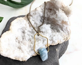 Brass Aquamarine Necklace: Modern Gemstone Pendant, March Birthstone