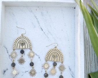 Gold Star Chandelier Earrings, Pyrite Statement Dangle , Bold Artsy Jewelry for Women