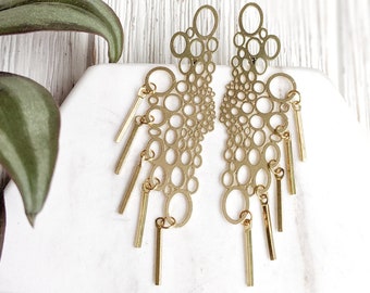 Long Brass Earrings Statement Post Earrings Circle Stud Earrings Irregular Earrings Small Circle Stud Earrings Brass Fringe Earrings Dynamo