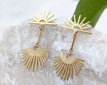 Gold Sunburst Fan Earrings, Modern Sun Dangle Post Earrings