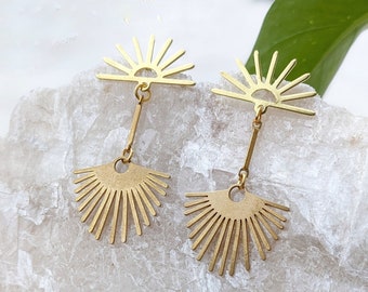 Fan Earrings Dangle Post Earrings Sun Earrings  Nickel Free Earrings Dangle Sunburst Earrings Cool Earrings Dangle Gold Sun Earrings