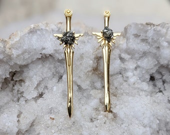 Gold Dagger Earrings, Edgy Sword Earrings, Long Stud Earrings, Raw Stone Earrings, Statement Jewelry
