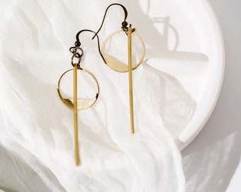 Gold Minimalist Earrings Long Earrings Geometric Earrings Modern Jewelry Simple Earrings Drop Earrings  Circle Earrings Gold Bar Earrings