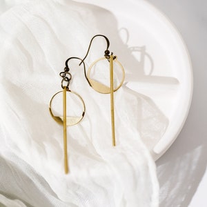 Gold Minimalist Earrings Long Earrings Geometric Earrings Modern Jewelry Simple Earrings Drop Earrings Circle Earrings Gold Bar Earrings image 1