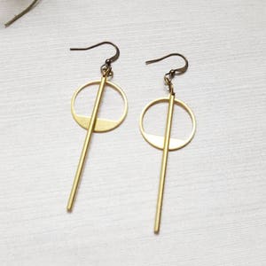 Gold Minimalist Earrings Long Earrings Geometric Earrings Modern Jewelry Simple Earrings Drop Earrings Circle Earrings Gold Bar Earrings image 2