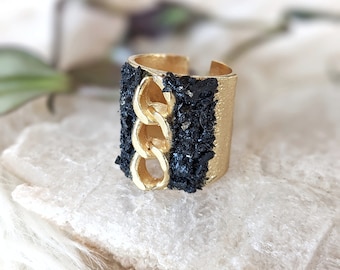 Gold Plated Black Tourmaline Ring with Chain Detail