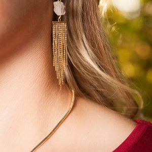 Gold Holiday Earrings Rough Quartz Jewelry Fancy Gold Earrings Raw Crystal Earring Gold Chain Earrings Stylish Earrings Bead Chain Earrings image 5