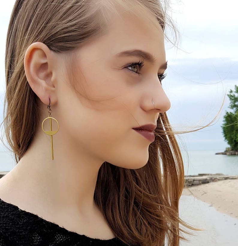 Gold Minimalist Earrings Long Earrings Geometric Earrings Modern Jewelry Simple Earrings Drop Earrings Circle Earrings Gold Bar Earrings image 3