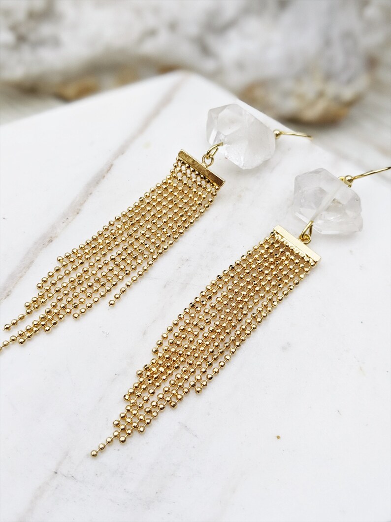 Gold Holiday Earrings Rough Quartz Jewelry Fancy Gold Earrings Raw Crystal Earring Gold Chain Earrings Stylish Earrings Bead Chain Earrings image 4