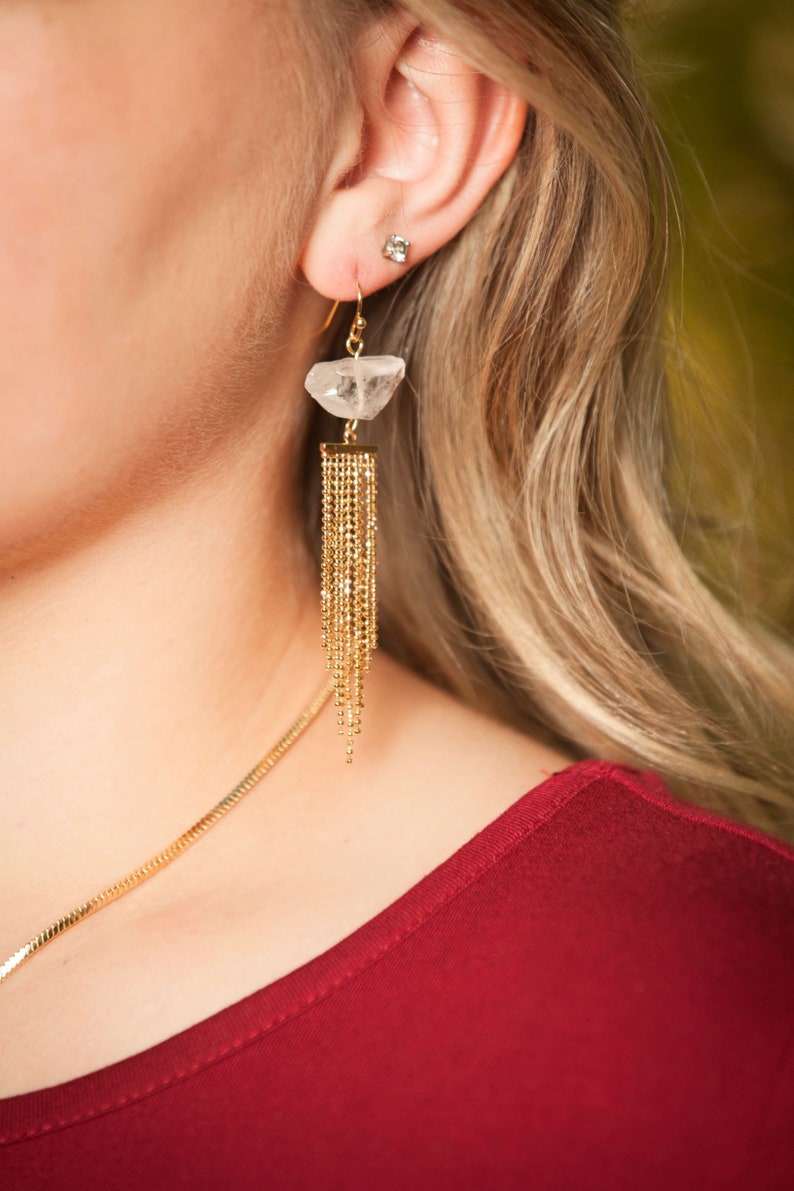 Gold Holiday Earrings Rough Quartz Jewelry Fancy Gold Earrings Raw Crystal Earring Gold Chain Earrings Stylish Earrings Bead Chain Earrings image 3