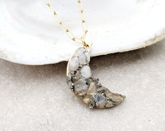 Crescent Moonstone Necklace: Raw Pyrite Druzy Pendant, 16 inch