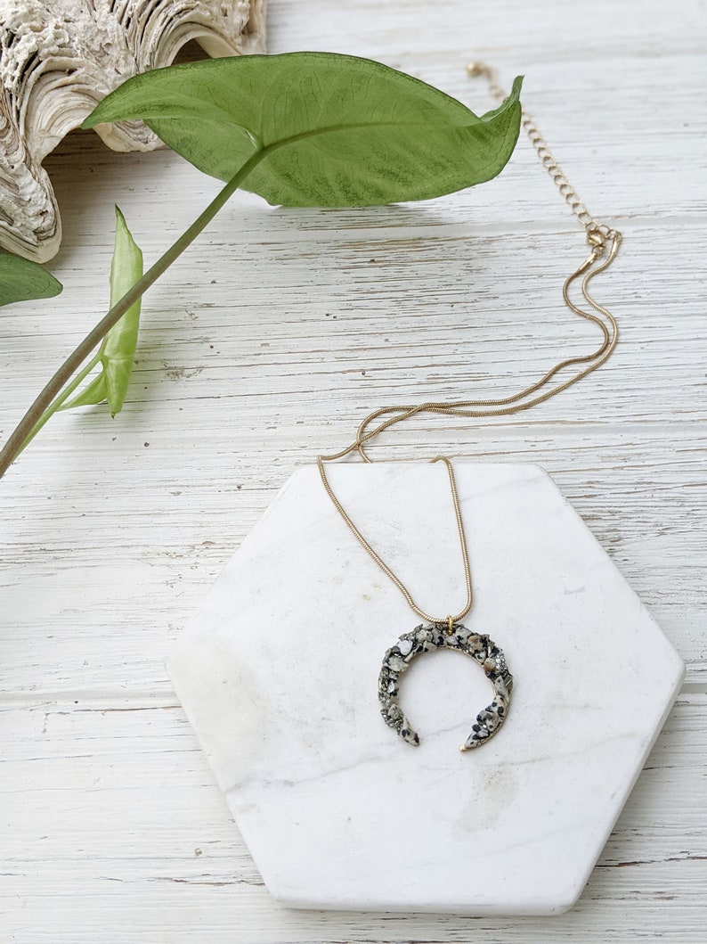 Raw Stone Jewelry Necklace for Women Healing Stone Necklace Short Boho Necklace Boho Moon Necklace Brass Layering Necklace Dalmatian Jasper image 4