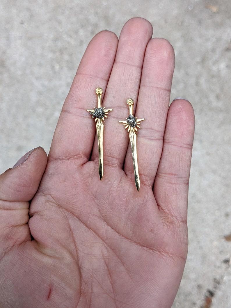 Dagger Earrings Edgy Earrings Gold Dagger Earrings Sword Earrings Long Stud Earrings Long Post Earrings Edgy Jewelry Raw Stone Earrings image 3