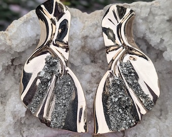 Gold Plated Pyrite Statement Earrings | Modern Sculptural Dangle Earrings Dynamo