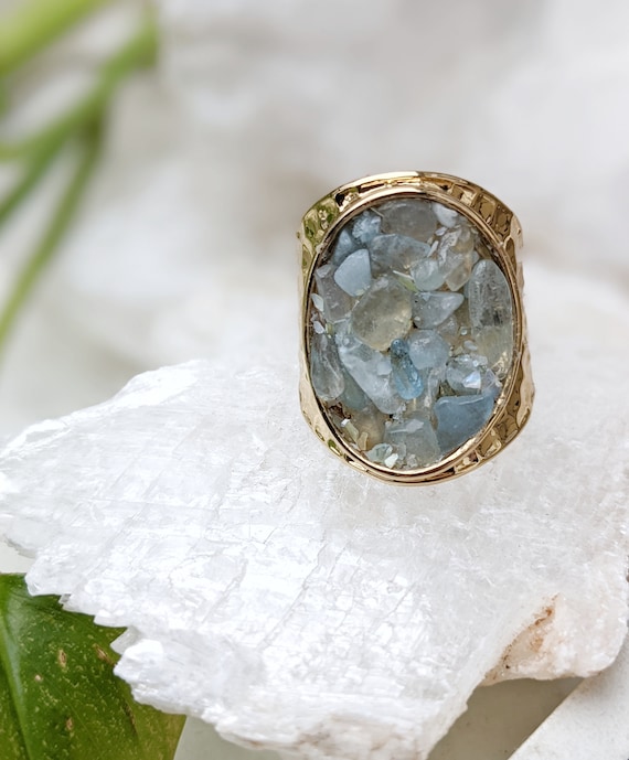 Gold Plated Chunky Aquamarine Ring: March Birthstone Statement