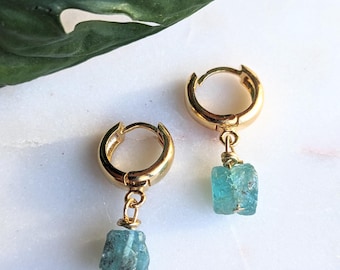 Earthy Blue Apatite Huggie Hoops: Elegant March Birthstone Earrings