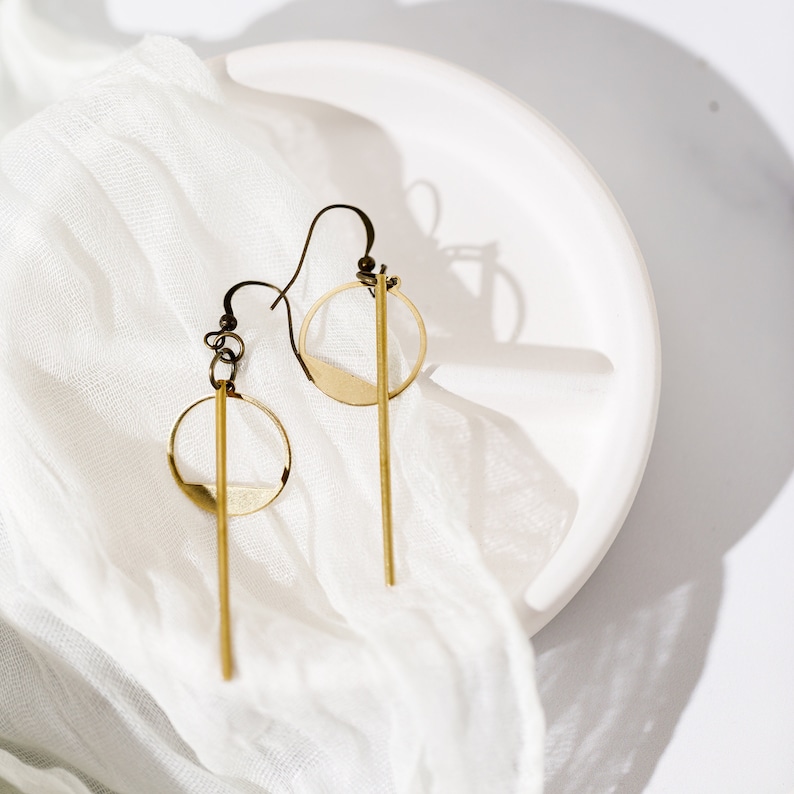 Gold Minimalist Earrings Long Earrings Geometric Earrings Modern Jewelry Simple Earrings Drop Earrings Circle Earrings Gold Bar Earrings image 1