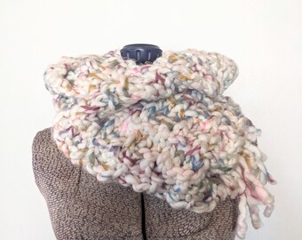 Hand Knit Chunky Scarf with Fringe: Variegated Winter Wrap