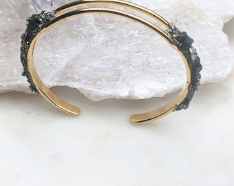 Moss Agate Cuff Bracelet: Raw Stone, 14k Gold Plated, Adjustable