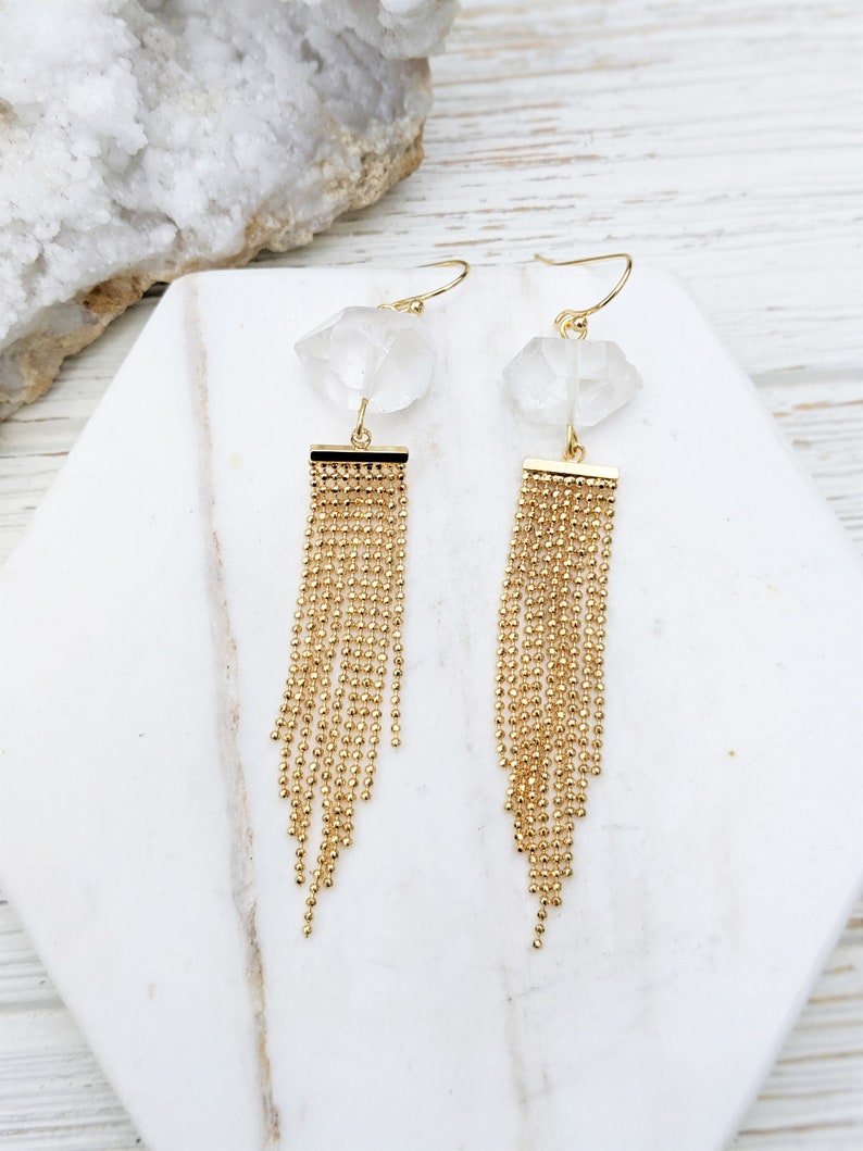 Gold Holiday Earrings Rough Quartz Jewelry Fancy Gold Earrings Raw Crystal Earring Gold Chain Earrings Stylish Earrings Bead Chain Earrings image 2