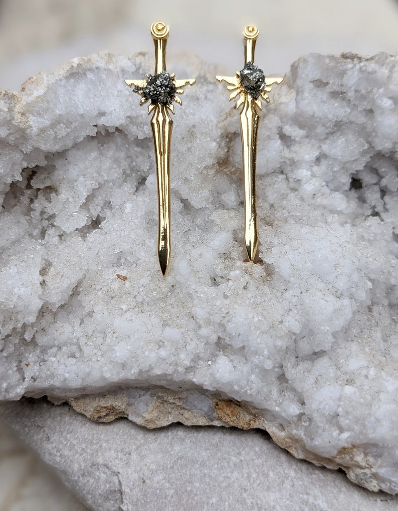 Dagger Earrings Edgy Earrings Gold Dagger Earrings Sword Earrings Long Stud Earrings Long Post Earrings Edgy Jewelry Raw Stone Earrings image 1