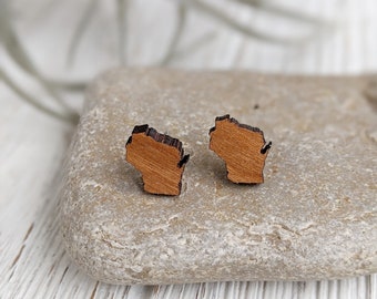 Wood Wisconsin Earrings Wisconsin Gift Wisconsin Jewelry Wooden Post Earrings, Graduation Gift Wood Stud Earrings Dynamo Wisconsin Pride