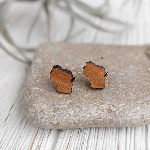 Wood Wisconsin Earrings Wisconsin Gift Wisconsin Jewelry Wooden Post Earrings, Graduation Gift Wood Stud Earrings Dynamo Wisconsin Pride