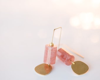Strawberry Quartz Threader Earrings: Modern Brass Dangle Jewelry