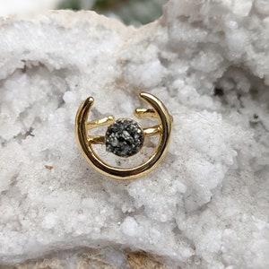 Adjustable Gold Crescent Moon Ring with Raw Pyrite