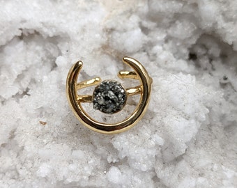 Gold Crescent Moon Pyrite Ring - Adjustable Celestial Jewelry, Raw Crystal Boho Ring