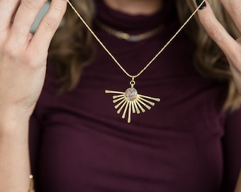 Raw Peach Moonstone Sun Pendant Necklace Brass Jewelry