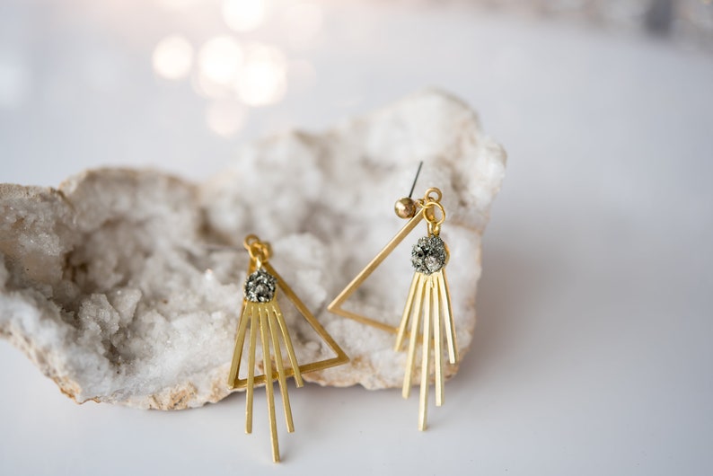 Pyrite Earrings Celestial Gold Earrings Raw Stone Earrings Indie Jewelry Edgy Earrings Raw Pyrite Stone Sparkly Earrings Boho Chic Earrings image 1