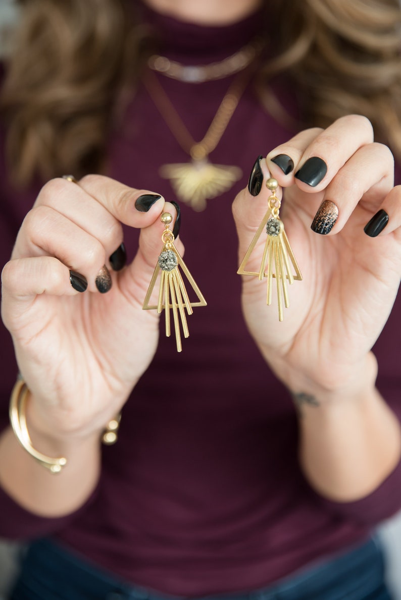 Pyrite Earrings Celestial Gold Earrings Raw Stone Earrings Indie Jewelry Edgy Earrings Raw Pyrite Stone Sparkly Earrings Boho Chic Earrings image 3