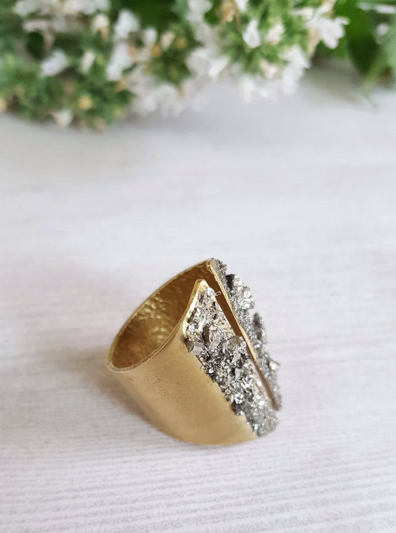 As seen on Sweet Magnolias Raw Stone Statement Jewelry for Women Pyrite Ring Mineral Ring Statement Wide Band Modern Ring image 4