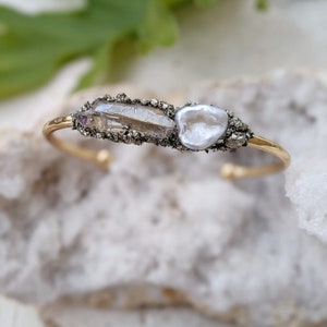 Gold Cuff Bracelet: Keishi Pearl, Aura Quartz & Pyrite