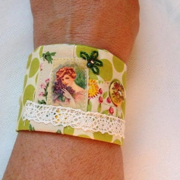 bracelet manchette textile   pois vert femme retro broderie