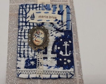 Retro hand-sewn brooch "La Marine", handmade retro blue textile brooch, old lace, embroidery, mixed media brooch