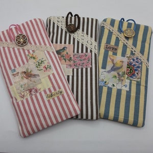 Fabric pouch case for smartphone phone, beige striped fabric and retro bird, Samsung Galaxy, iPhone