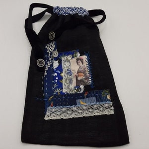 Dessous-Beutel aus schwarzem Leinen und Patchwork aus japanischen Stoffen, appliziertes Geisha-Muster, Handstickerei