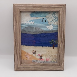 Textile art Original painting &quot;Seaside&quot;, embroidery, Framed seascape textile picture